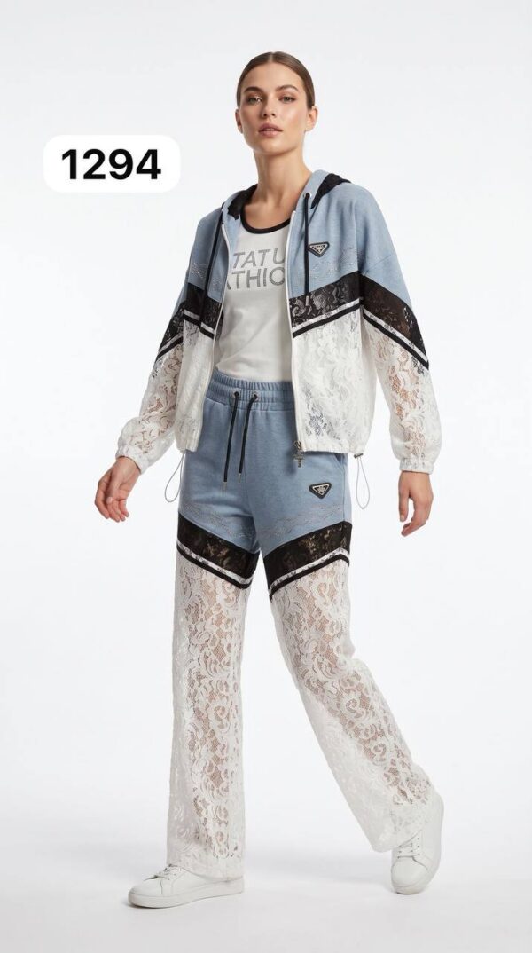 TATU1294 Premium Lace & Denim Color Block Tracksuit Set
