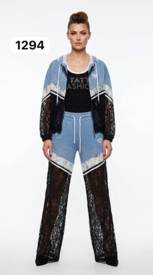 TATU1294 Premium Lace & Denim Color Block Tracksuit Set TATU1294 Premium Lace & Denim Color Block Tracksuit Set