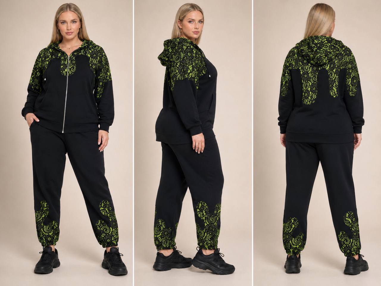 tg_430392ba34355662 Premium Black Jogging Suit with Neon Lime Baroque Print