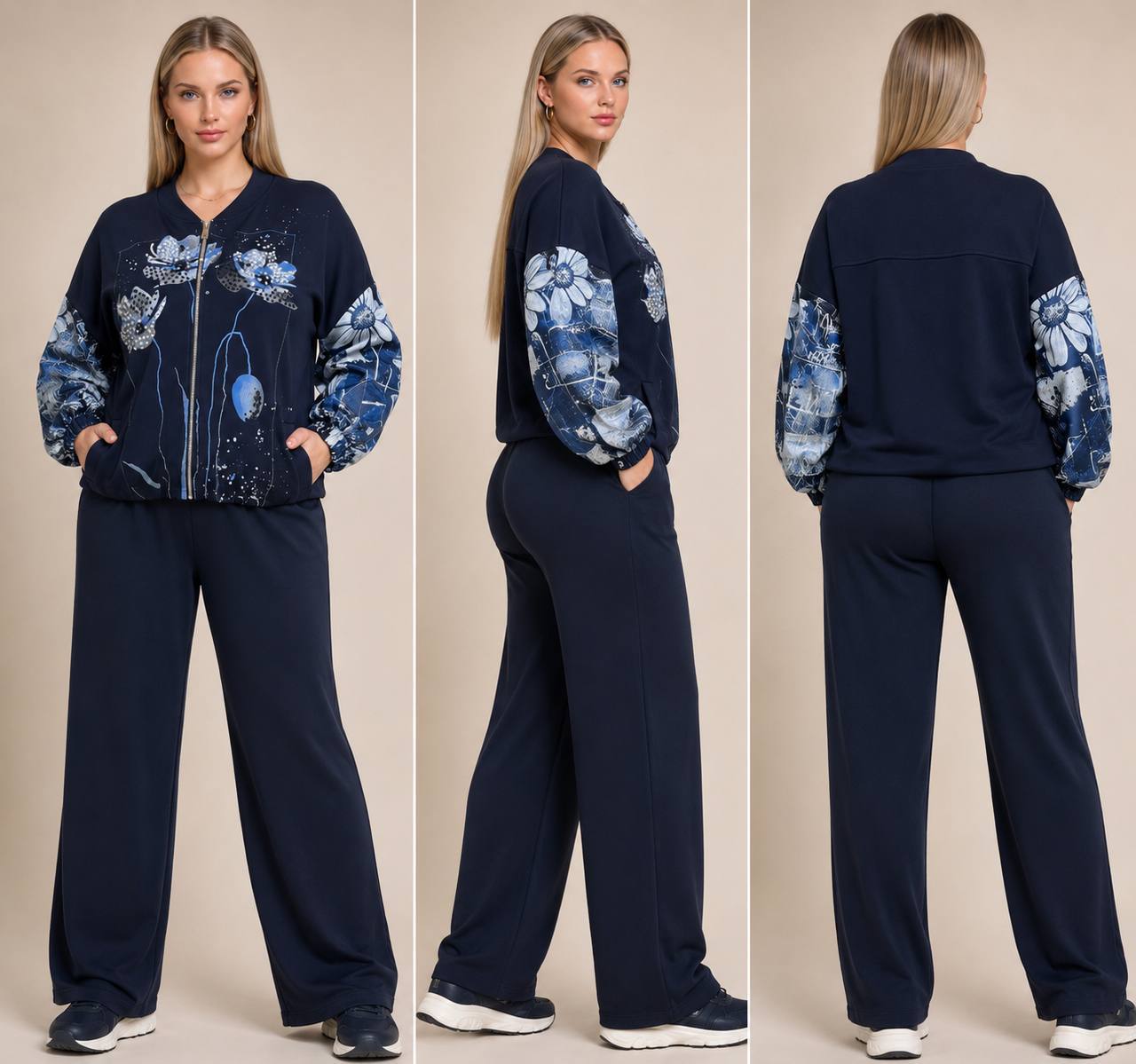 tg_d7661cdce0cf6794 Navy Floral Bomber Jacket Tracksuit Set