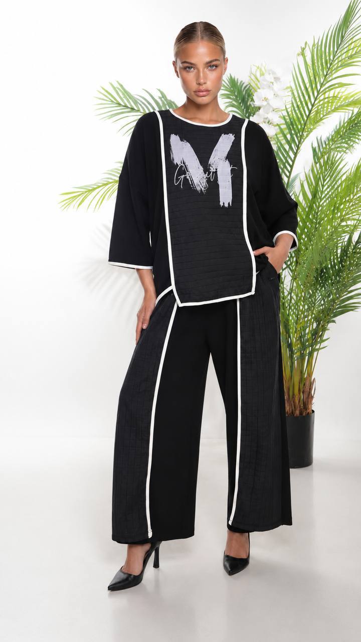 tg_275c7c25fbe20845 Black Textured Two-Piece Set with White Trim