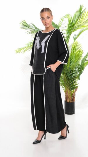 Black Textured Two-Piece Set with White Trim