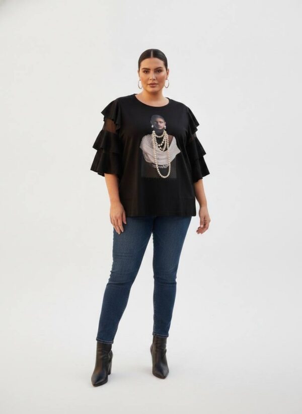 Premium Black Ruffle Blouse with Graphic Print - Wholesale