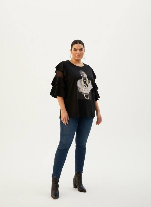 tg_16b4b077ad2b5775 Premium Black Ruffle Blouse with Graphic Print - Wholesale