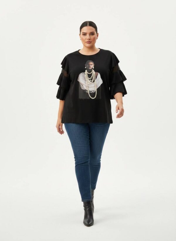 tg_9e62d94f4cd46771 Premium Black Ruffle Blouse with Graphic Print - Wholesale