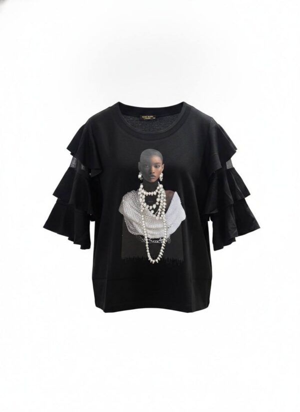 tg_28b8d8408e6348e2 Premium Black Ruffle Blouse with Graphic Print - Wholesale