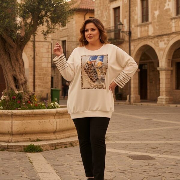 Premium Cream Graphic Blouse with Striped Sleeves
