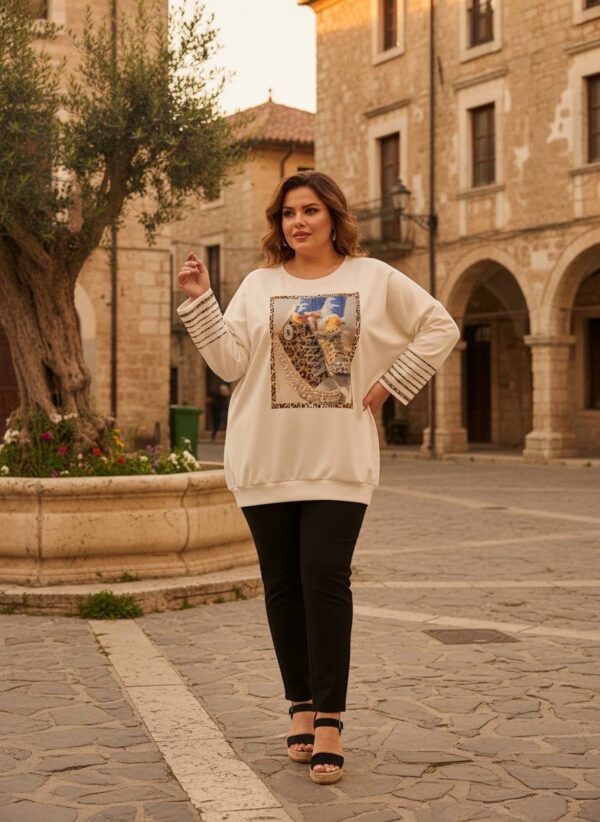 tg_1ac0c1d57a0e9e65 Premium Cream Graphic Blouse with Striped Sleeves