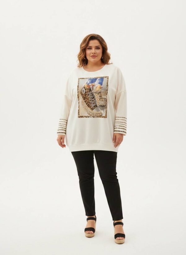 Premium Cream Graphic Blouse with Striped Sleeves