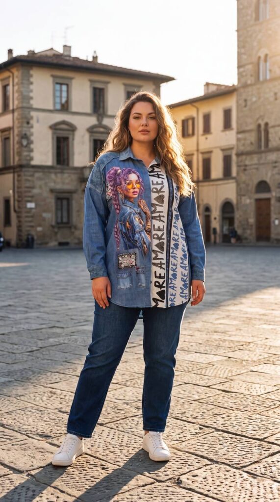 Premium Denim Shirt with Graphic Print