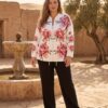 tg_5e363fe3e20d35db Floral Print Zip Jacket with Black Pants Set