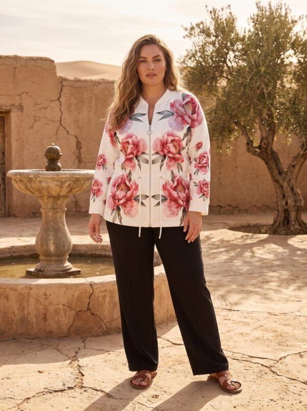 Floral Print Zip Jacket with Black Pants Set
