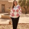 tg_537b265c4502c7fa Floral Print Zip Jacket with Black Pants Set