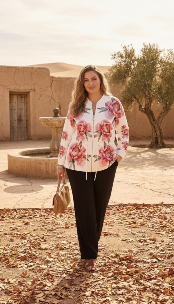 tg_537b265c4502c7fa Floral Print Zip Jacket with Black Pants Set