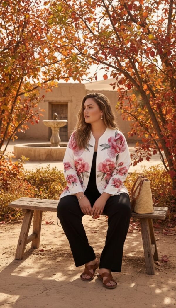 tg_a39d28b4f240eb46 Floral Print Zip Jacket with Black Pants Set