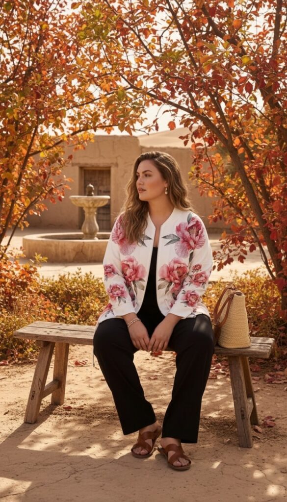 Floral Print Zip Jacket with Black Pants Set