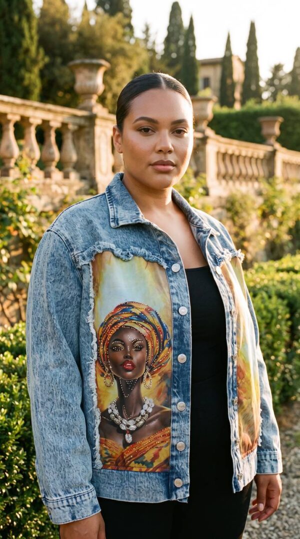 tg_52552aa984249587 Premium Denim Jacket with Artistic Portrait Print