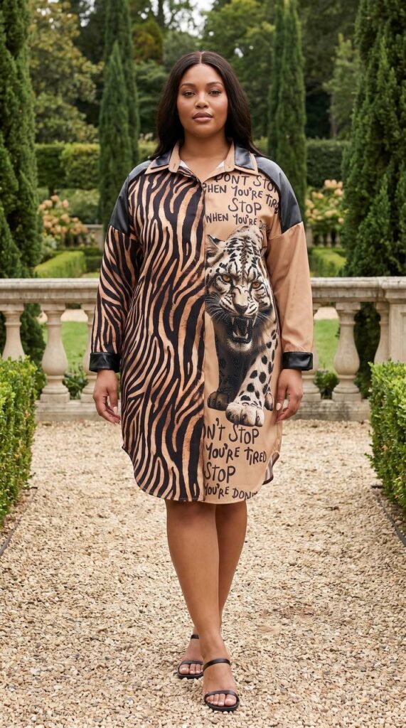 tg_5e86be03095e4f17 Premium Animal Print Shirt Dress with Motivational Graphics