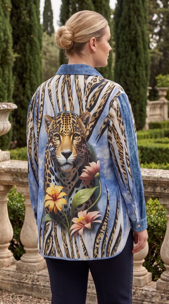 Premium Denim Shirt with Leopard & Floral Print