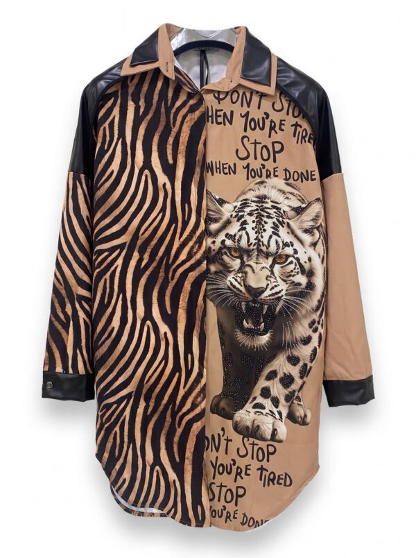 tg_6360105fa219ff5b Premium Animal Print Shirt Dress with Motivational Graphics