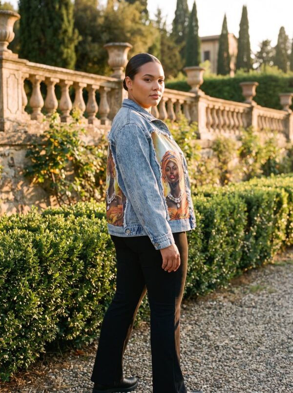 tg_74db08debd9bc970 Premium Denim Jacket with Artistic Portrait Print