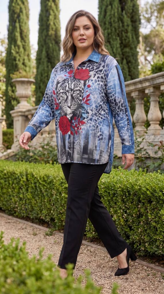 Premium Denim Leopard Rose Print Shirt