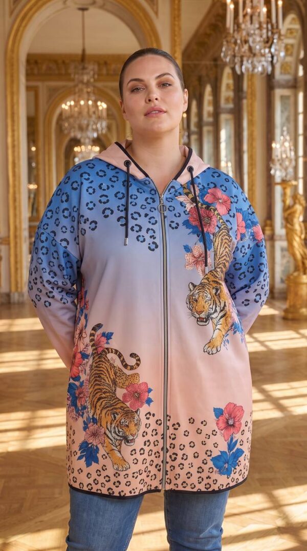 Designer Zip-Front Hoodie Coat with Tiger & Floral Print
