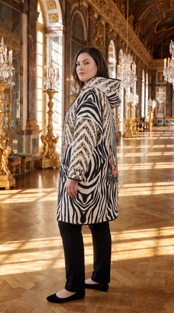 Premium Zebra Print Wool Coat with Floral Embroidery