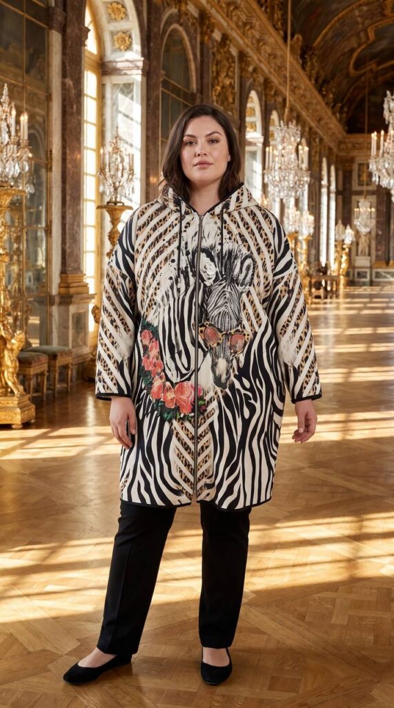 Premium Zebra Print Wool Coat with Floral Embroidery