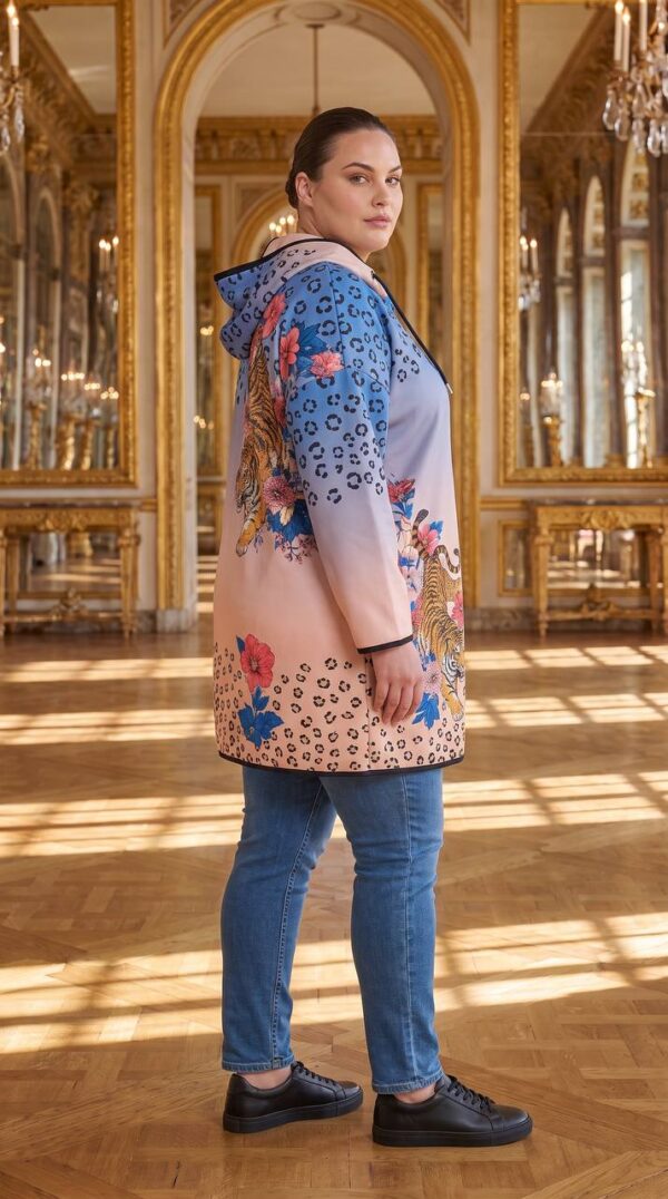 Designer Zip-Front Hoodie Coat with Tiger & Floral Print