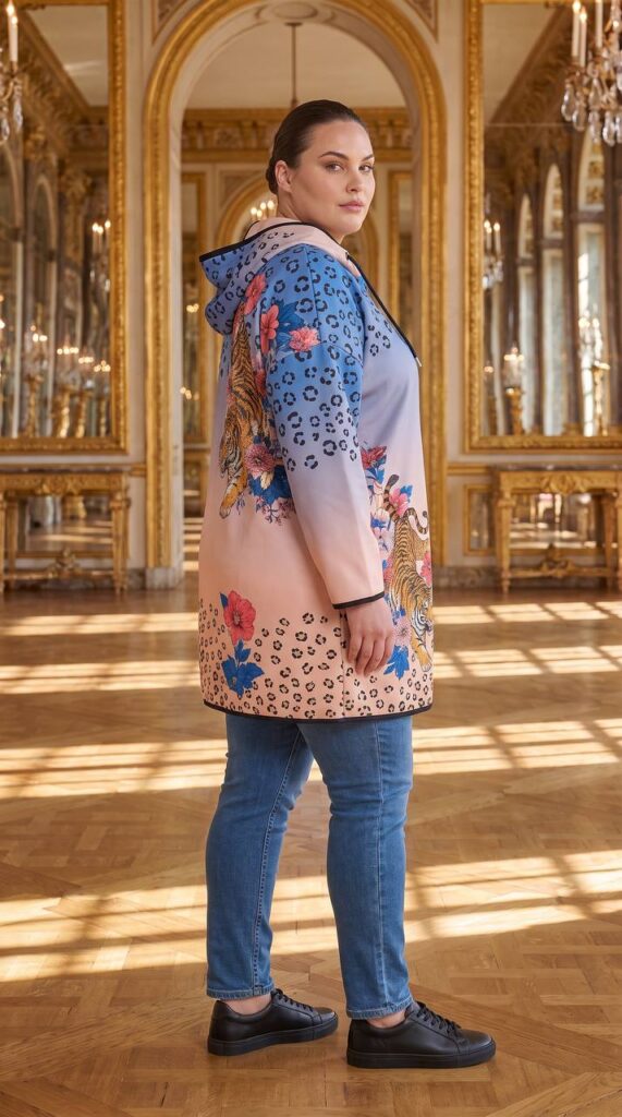 Designer Zip-Front Hoodie Coat with Tiger & Floral Print