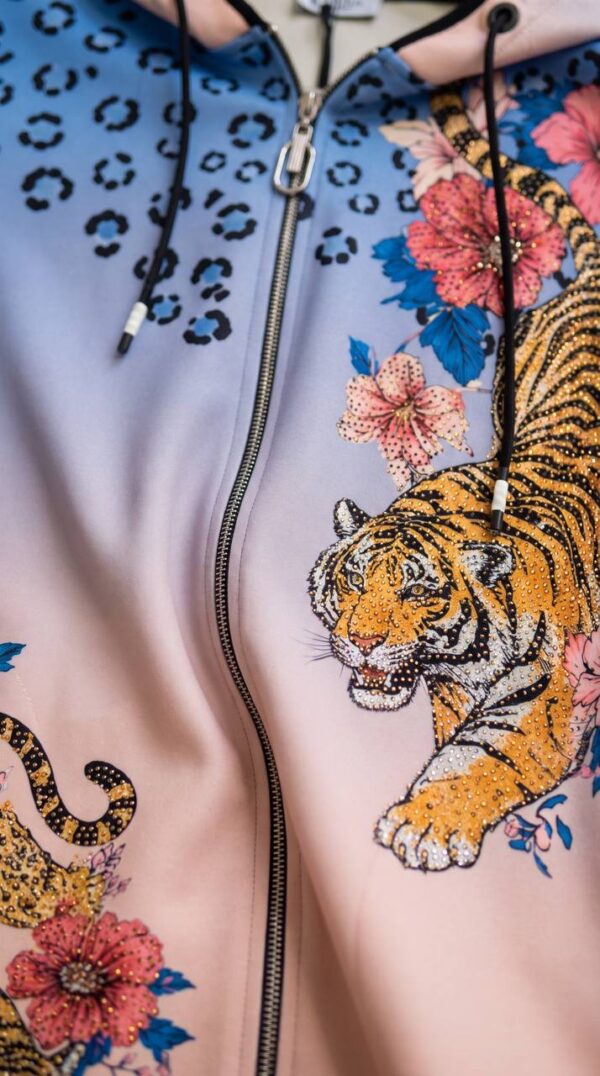 Designer Zip-Front Hoodie Coat with Tiger & Floral Print